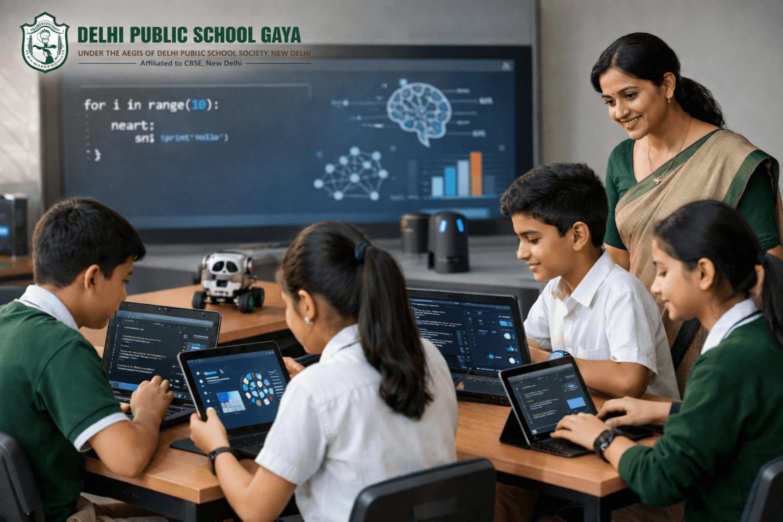 Students exploring coding and AI projects with their teacher