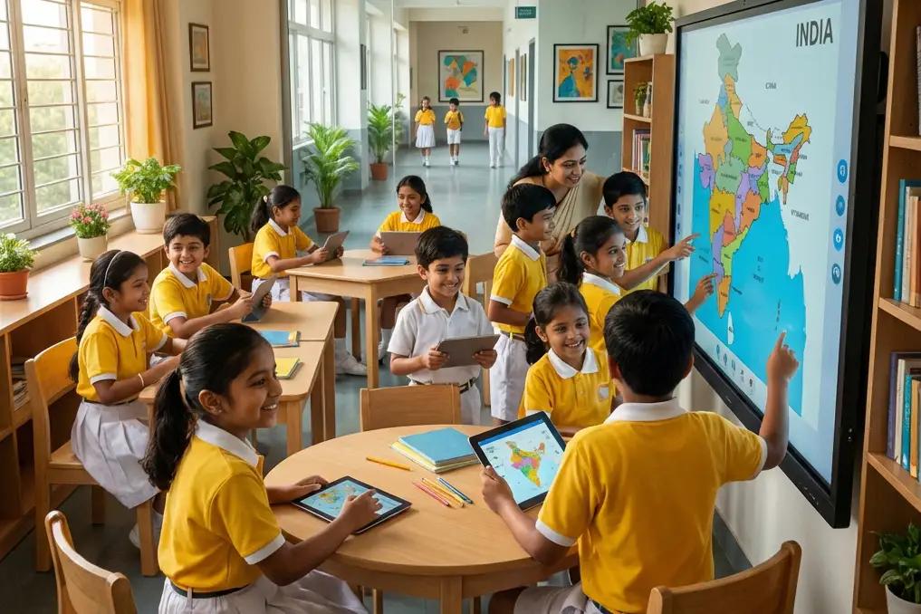 Students collaborating around an interactive digital classroom display