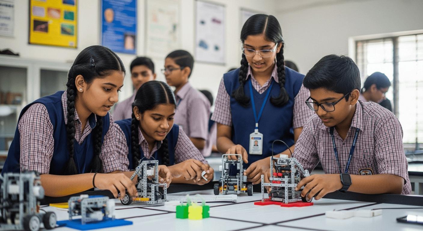 Students collaborating on a hands-on STEM robotics project
